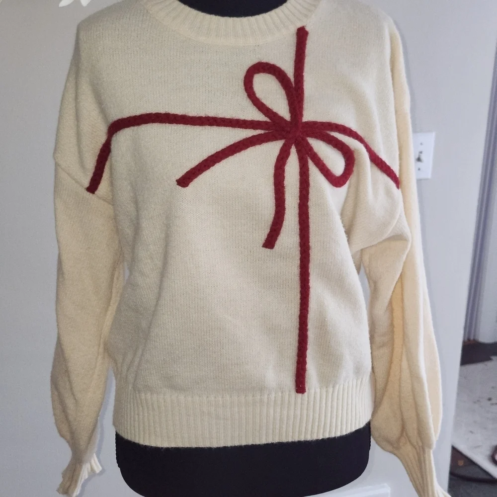 Gilli Cream Sweater with Red Bow Detail - Picture 1 of 6